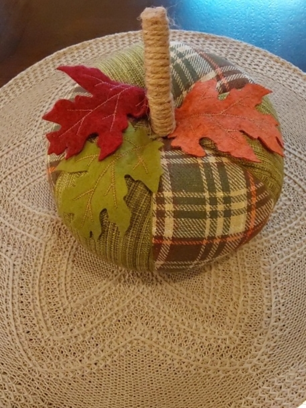 Autumn Plaid Fabric Pumpkin Home Accent - Green